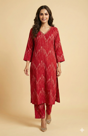 Pink Rayon Straight-Cut Co-Ord Set Featuring Elegant Ikkat Prints