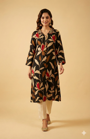 Black Floral Printed Viscose A-Line Kurti with Contemporary Front Slit Style