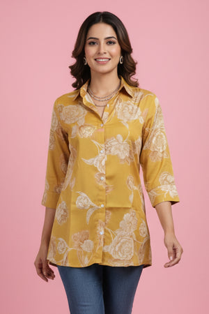 Yellow Muslin Straight Fit Top Adorned with Subtle Floral Printed Motifs