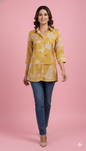 Yellow Muslin Straight Fit Top Adorned with Subtle Floral Printed Motifs