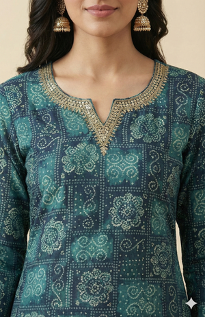 Blue Traditional Bandhani Print Rayon Straight-Cut Salwar Suit with Graceful Appeal