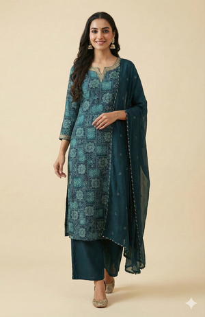 Blue Traditional Bandhani Print Rayon Straight-Cut Salwar Suit with Graceful Appeal