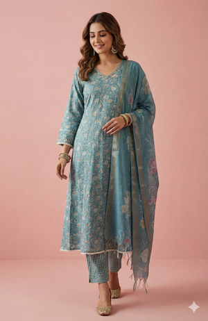 Lightweight Sky Blue Floral Printed Rayon Salwar Suit with A-Line Design
