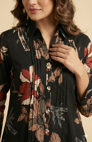 Elegant Black Floral Foil Printed Rayon Straight Cut Top with Matching Bottom Pant