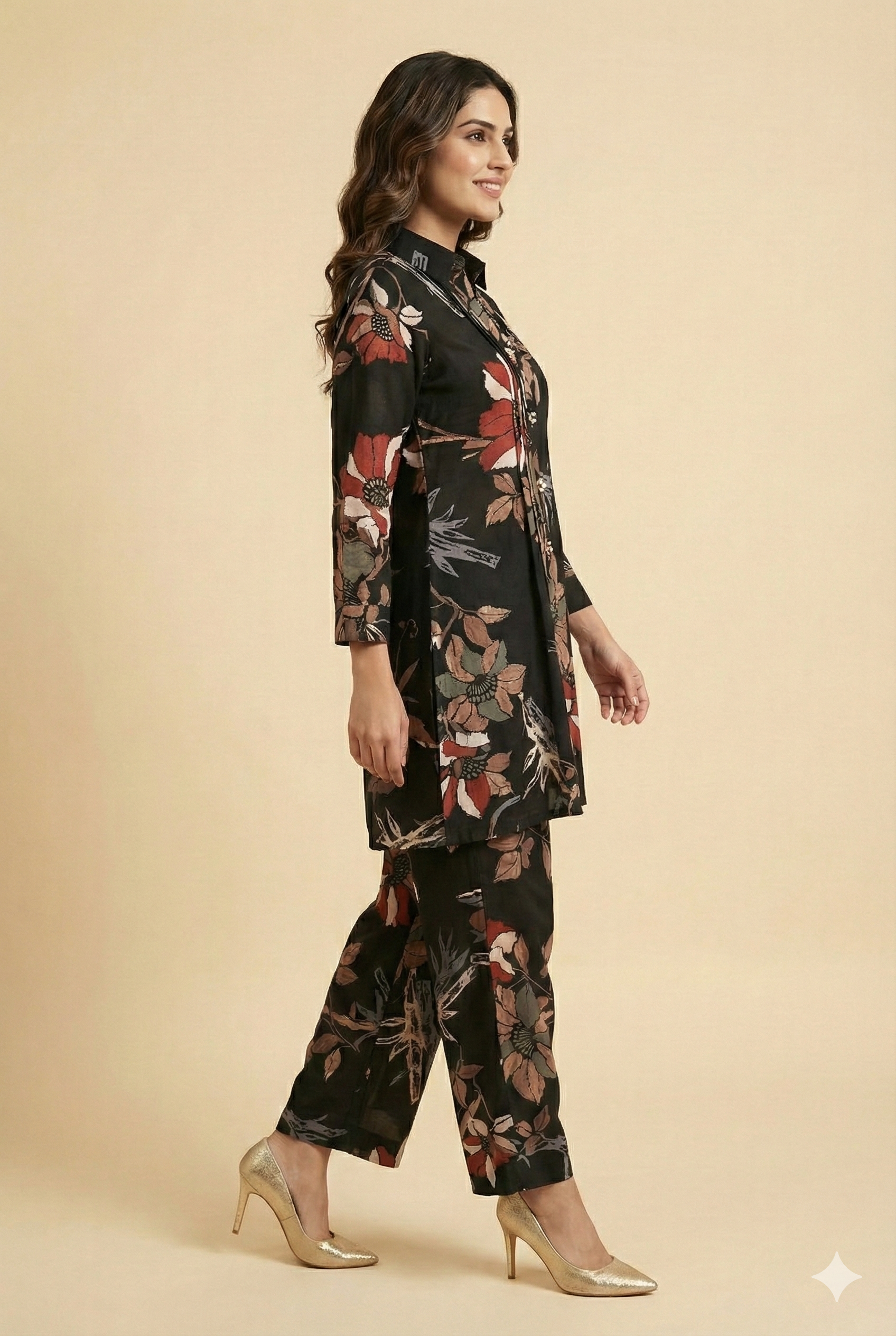 Elegant Black Floral Foil Printed Rayon Straight Cut Top with Matching Bottom Pant