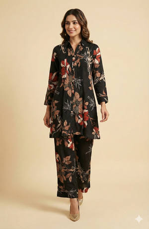 Elegant Black Floral Foil Printed Rayon Straight Cut Top with Matching Bottom Pant