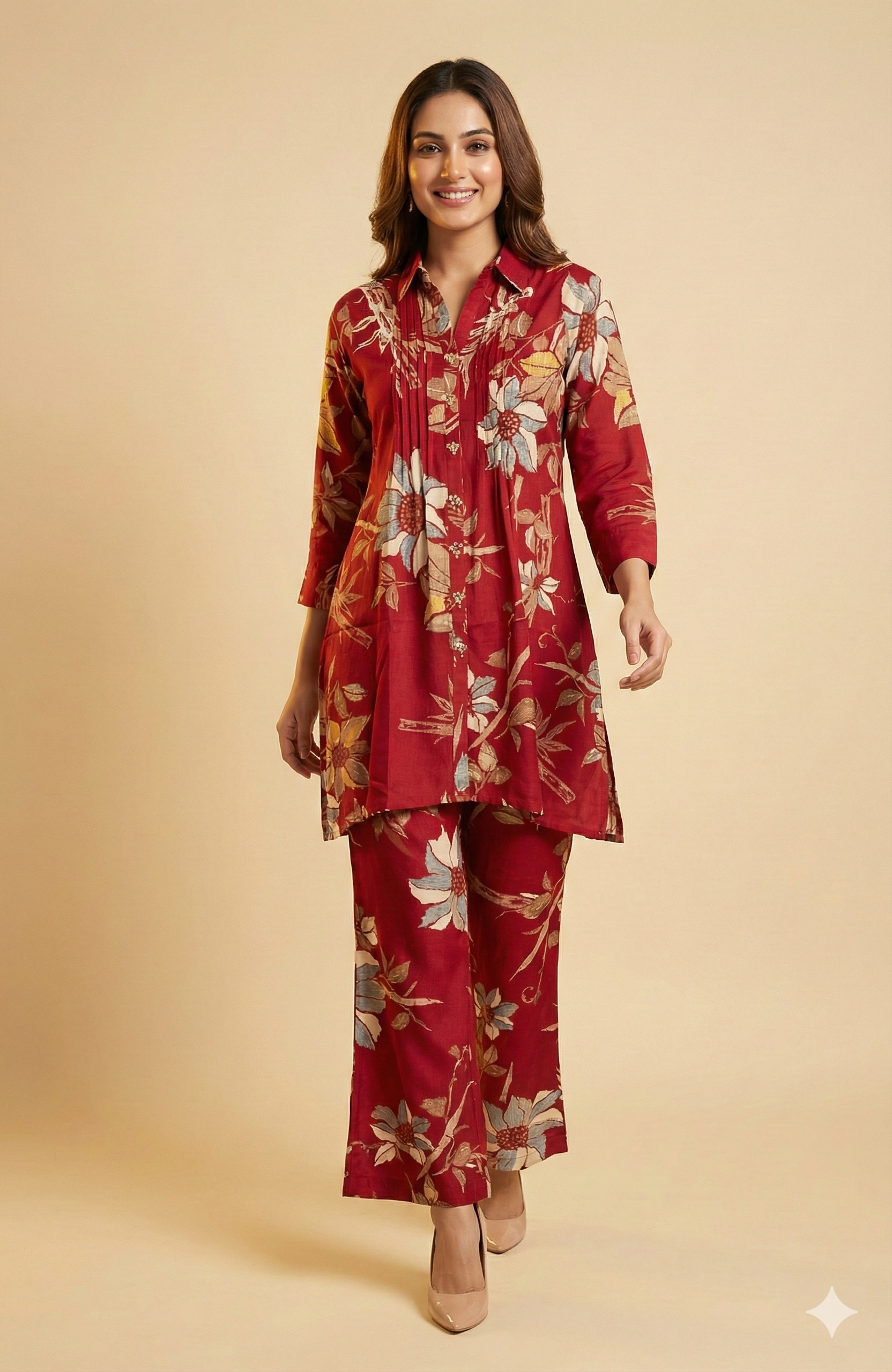 Elegant Red Floral Foil Printed Rayon Straight Cut Top with Matching Bottom Pant