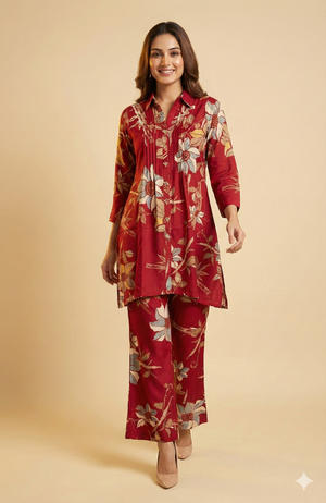 Elegant Red Floral Foil Printed Rayon Straight Cut Top with Matching Bottom Pant