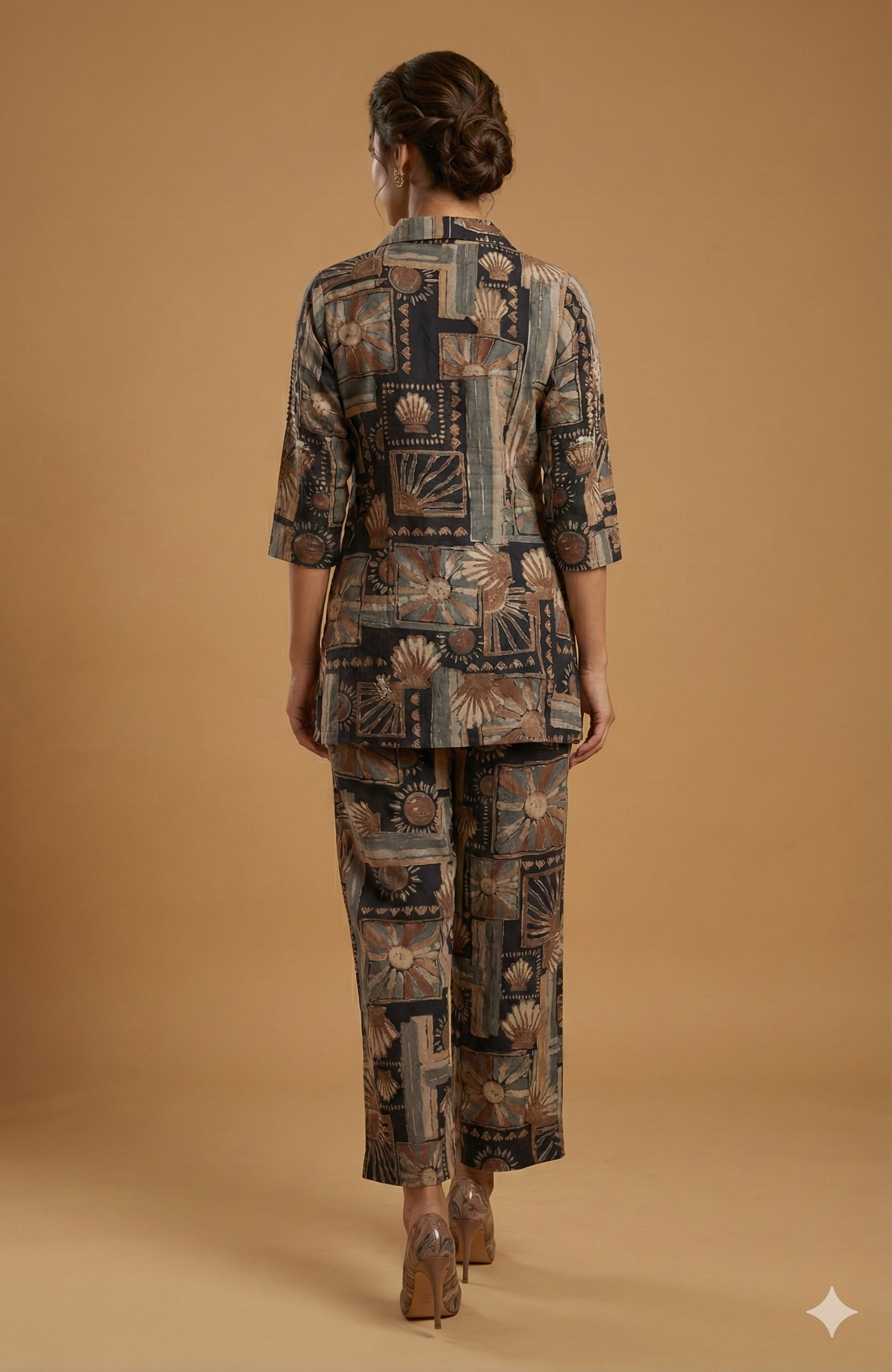 Premium Deep Navy Blue Floral Foil Printed Rayon Co-Ord Set Styled With A Shirt Collar Finish