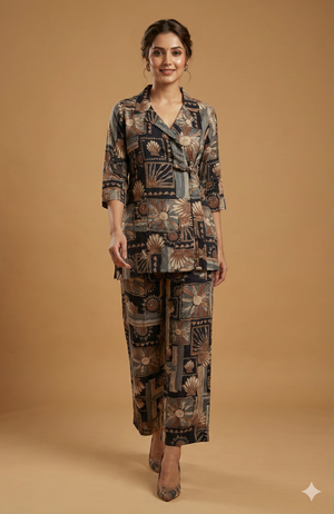 Premium Deep Navy Blue Floral Foil Printed Rayon Co-Ord Set Styled With A Shirt Collar Finish