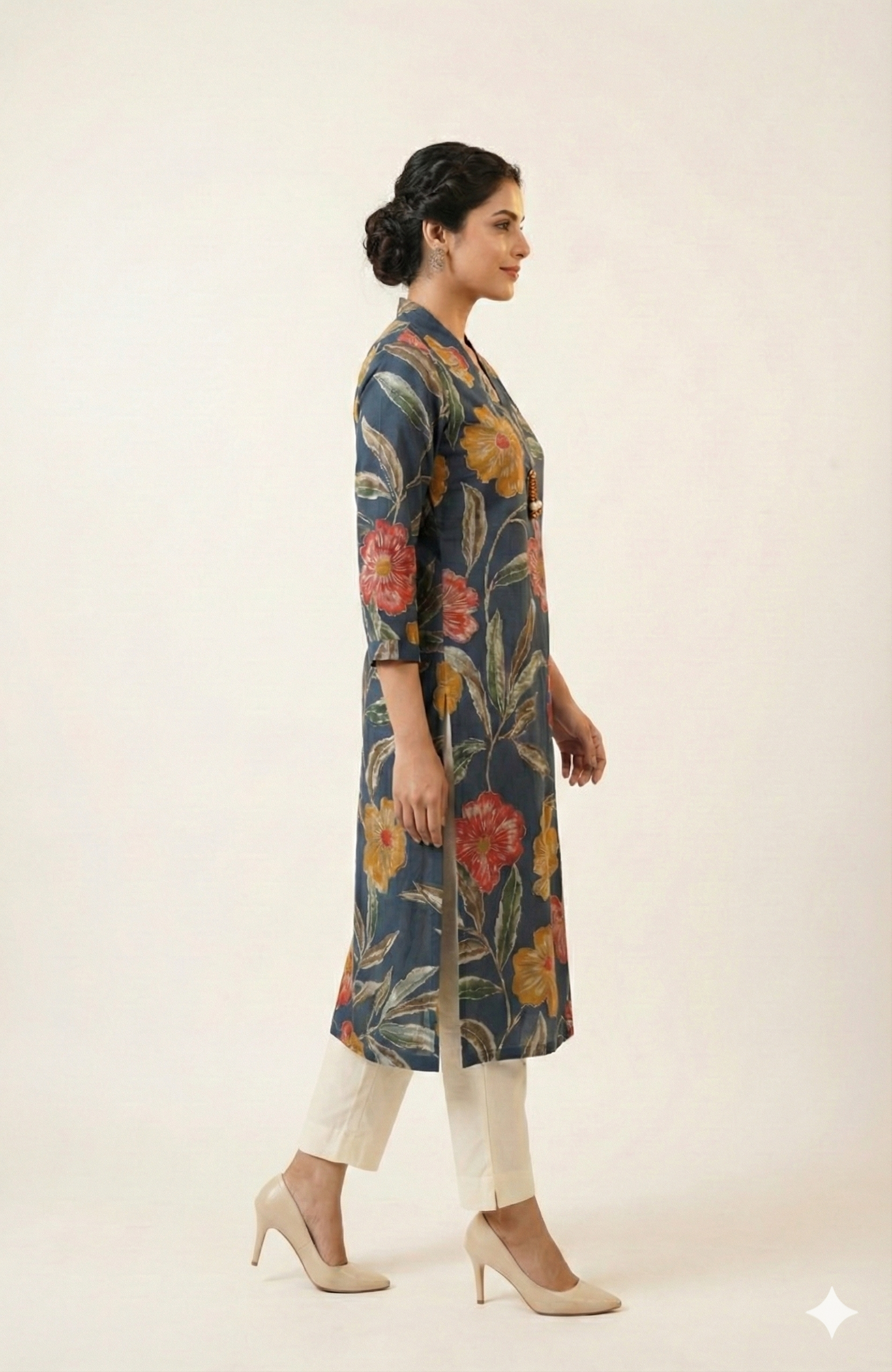 Blue Floral Printed Viscose A-Line Kurti with Comfortable and Flowy Fit