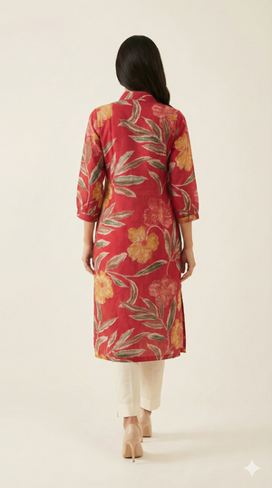 Pink Floral Printed Viscose A-Line Kurti with Comfortable and Flowy Fit