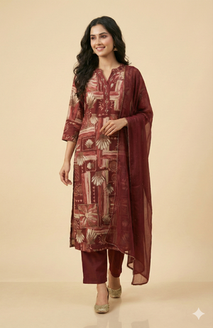 Elegant Maroon Floral Printed Straight Cut Salwar Suit Adorned With Mirror & Sequin On The Neckline