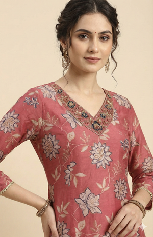 Classic Pink Floral Printed Mul Chanderi Straight Cut Salwar Suit for Ethnic Styling