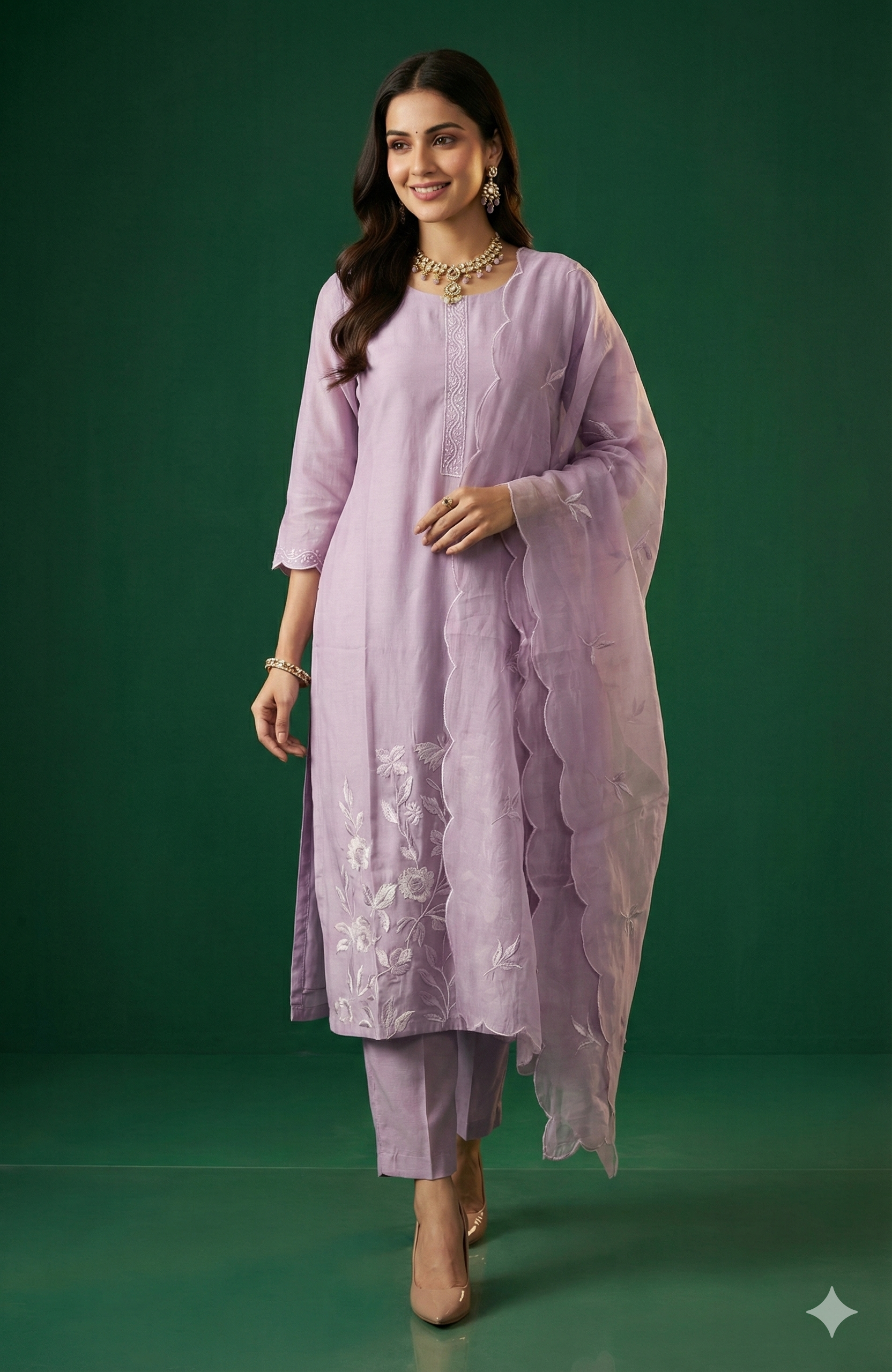 Lavender Mul Chanderi Straight Cut Salwar Suit with Beautiful Floral Embroidered Work