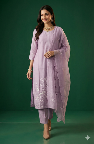 Lavender Mul Chanderi Straight Cut Salwar Suit with Beautiful Floral Embroidered Work