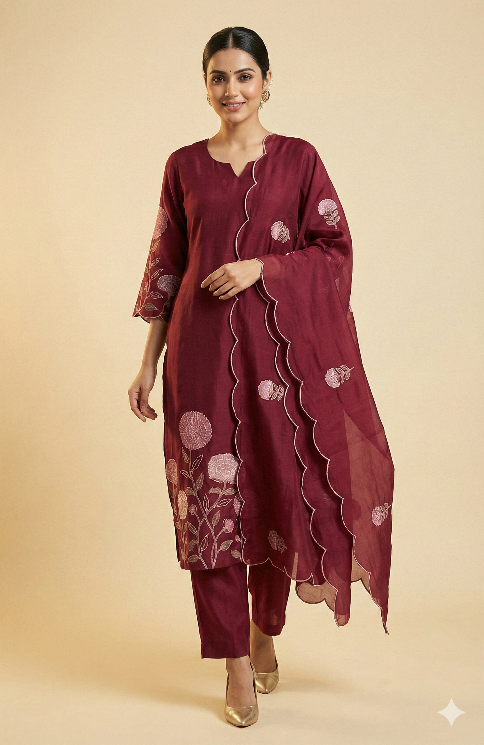 Wine Stylish Mul Chanderi Straight Cut Salwar Suit with Floral Embroidery Detailing