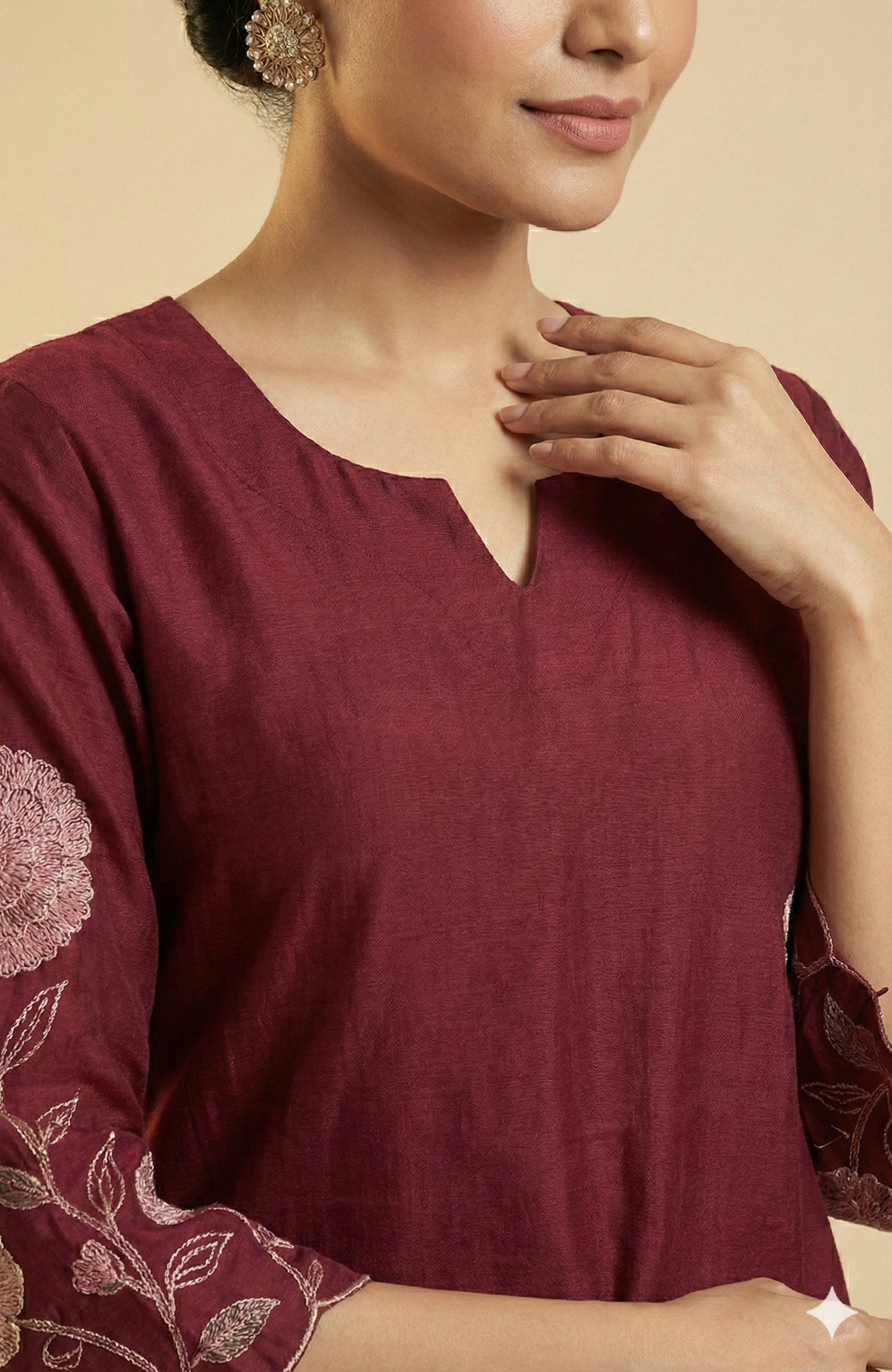 Wine Stylish Mul Chanderi Straight Cut Salwar Suit with Floral Embroidery Detailing