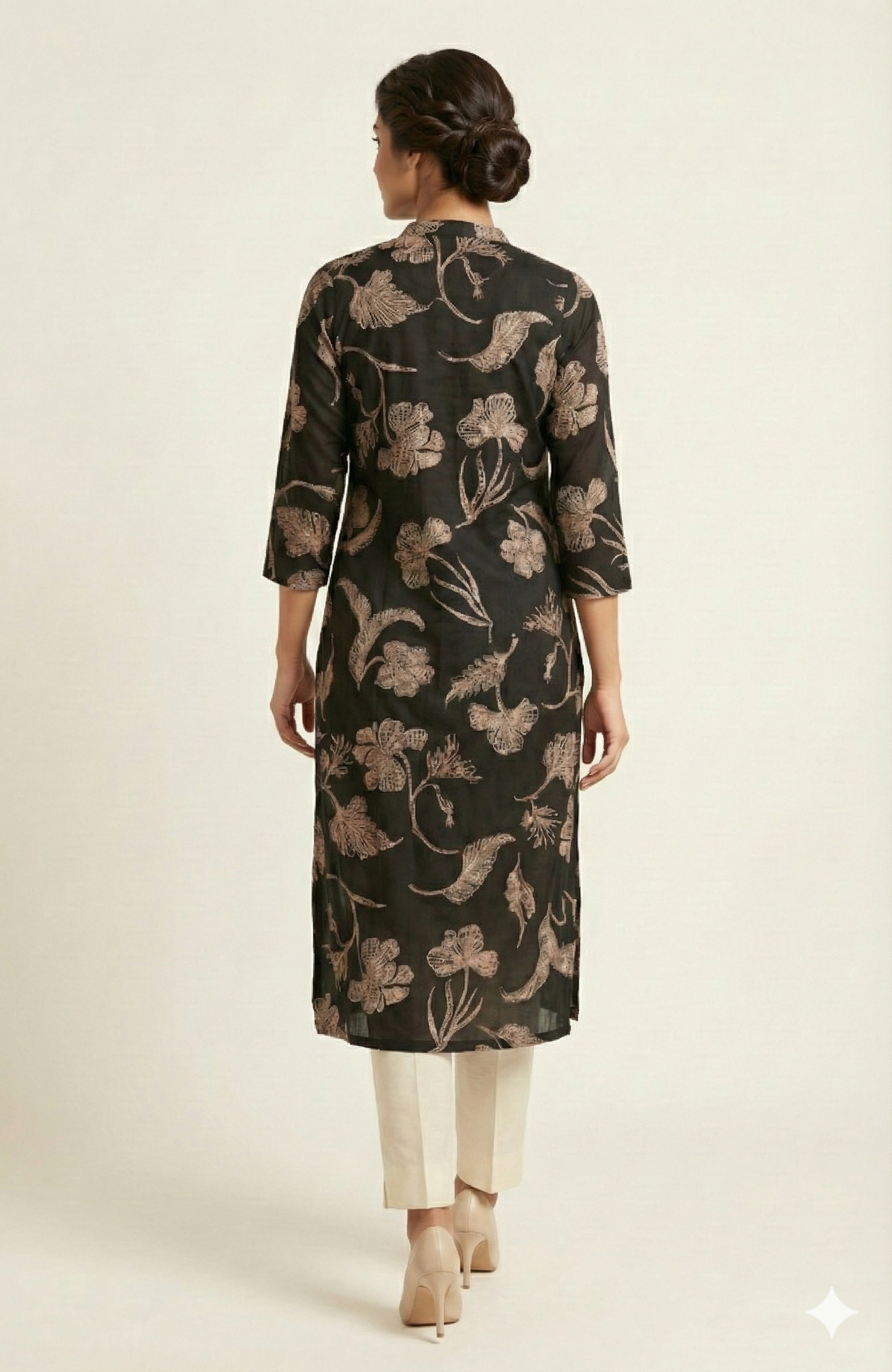 Black Floral Motif Viscose Straight Cut Kurti Offering a Blend of Comfort and Elegance