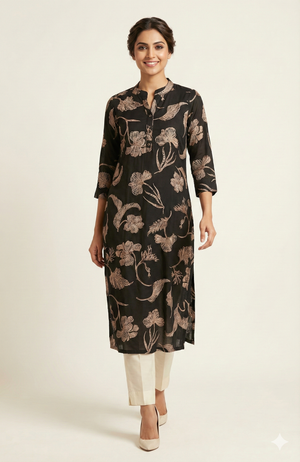 Black Floral Motif Viscose Straight Cut Kurti Offering a Blend of Comfort and Elegance