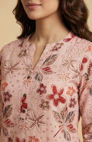 Pink Floral Motif Viscose Straight Cut Kurti Offering a Blend of Comfort and Elegance
