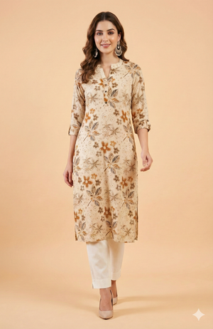 Yellow Floral Motif Viscose Straight Cut Kurti Offering a Blend of Comfort and Elegance