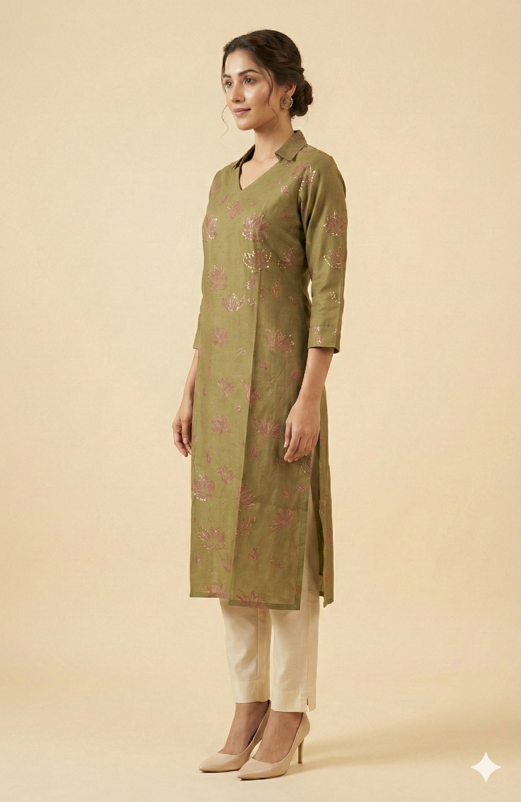 Green Floral Printed Viscose Straight Fit Kurti with Fine Handwork and Soft Comfort