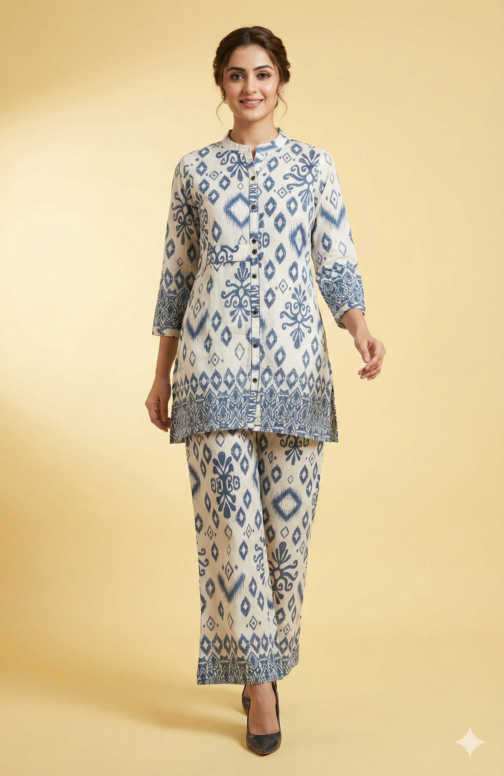 Grey Viscose Co-Ord Set Featuring Traditional Ikkat Style Prints with Matching Pant