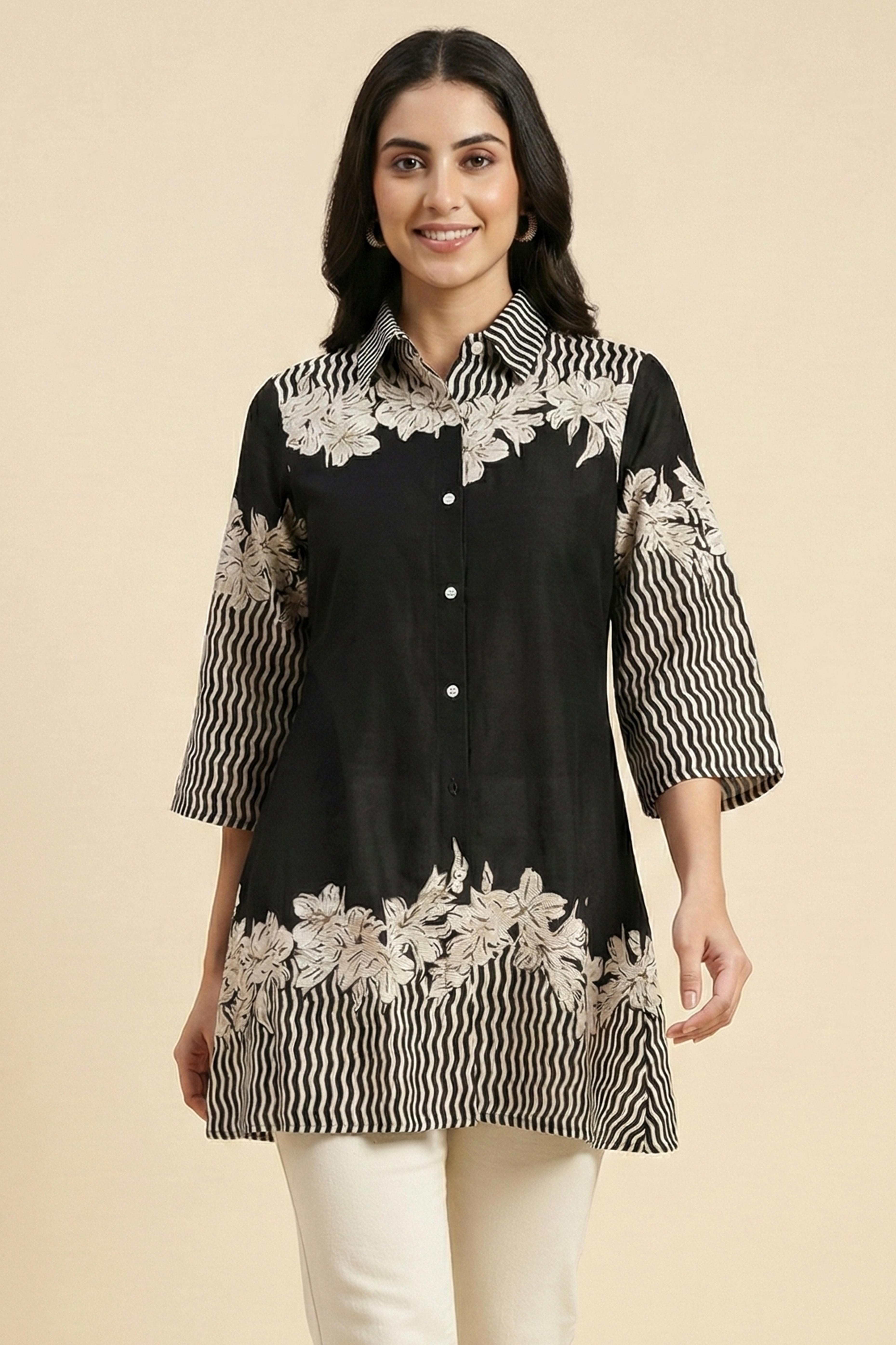 Classic Black Floral Printed Rayon Top Designed in a Comfortable Straight Fit
