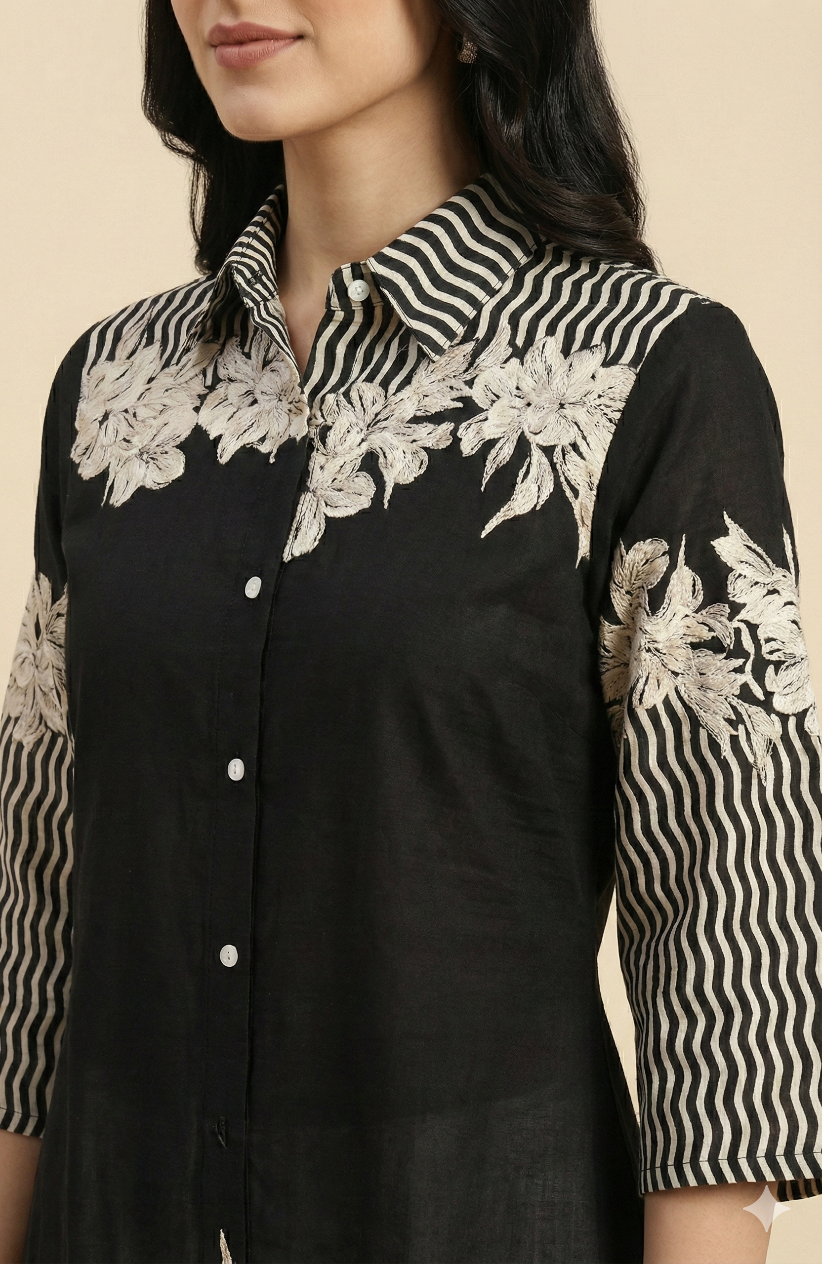 Classic Black Floral Printed Rayon Top Designed in a Comfortable Straight Fit