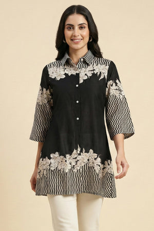 Classic Black Floral Printed Rayon Top Designed in a Comfortable Straight Fit