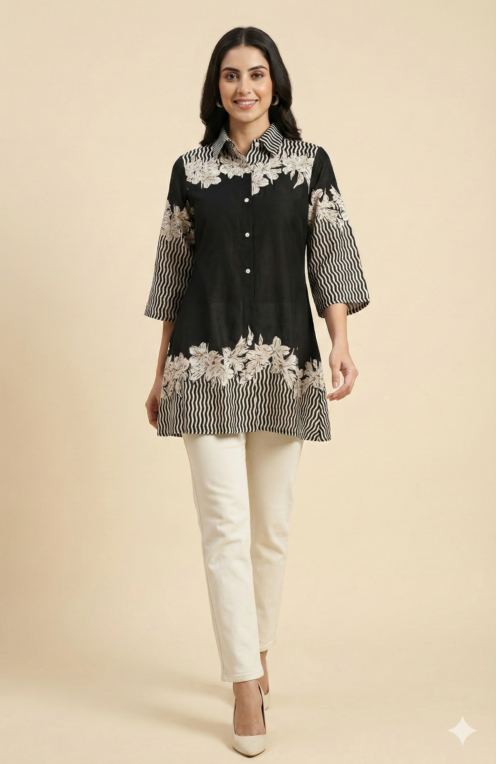Classic Black Floral Printed Rayon Top Designed in a Comfortable Straight Fit