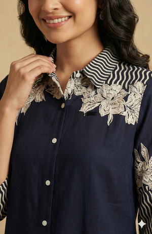 Classic Navy Blue Floral Printed Rayon Top Designed in a Comfortable Straight Fit
