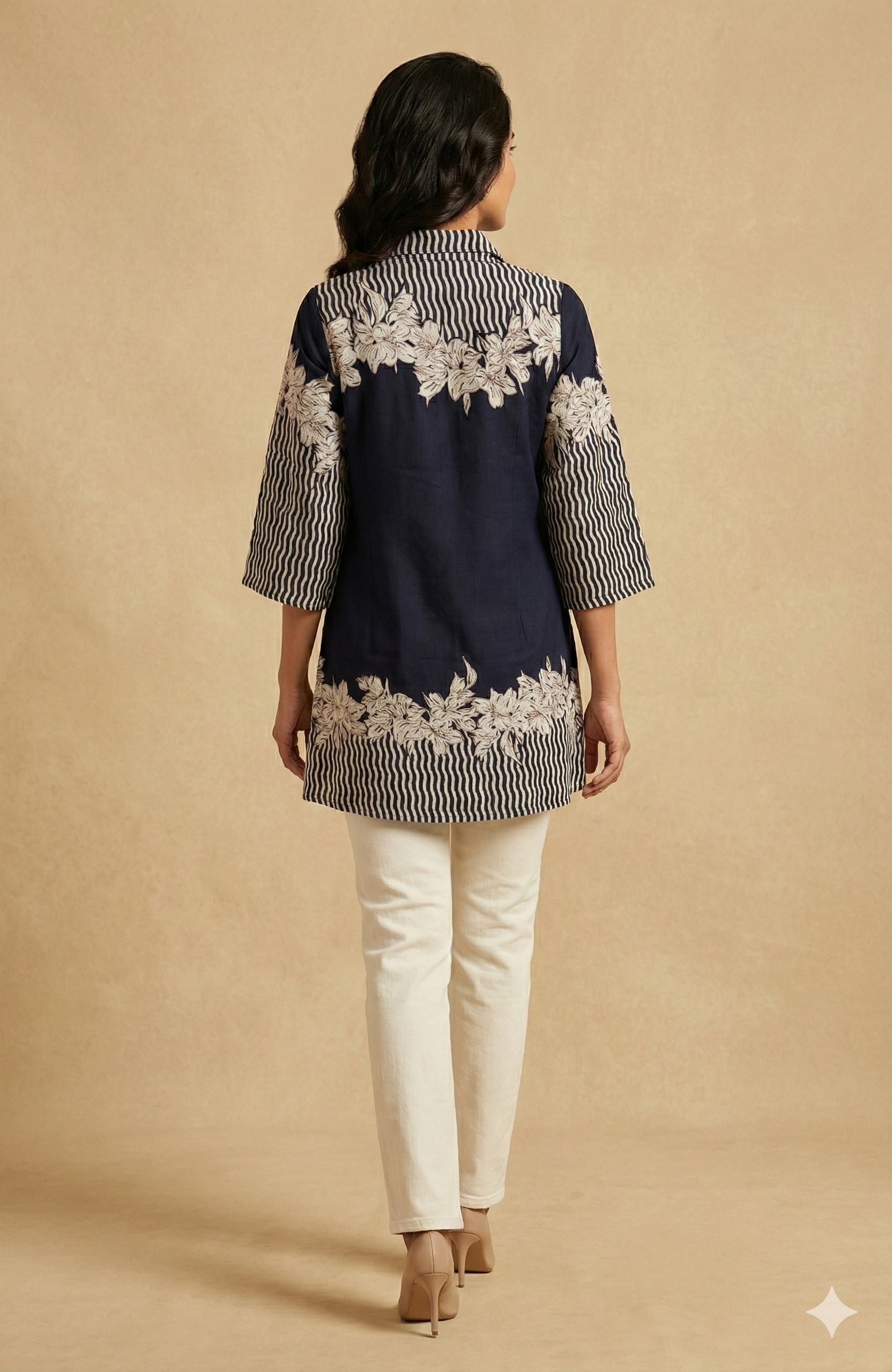 Classic Navy Blue Floral Printed Rayon Top Designed in a Comfortable Straight Fit