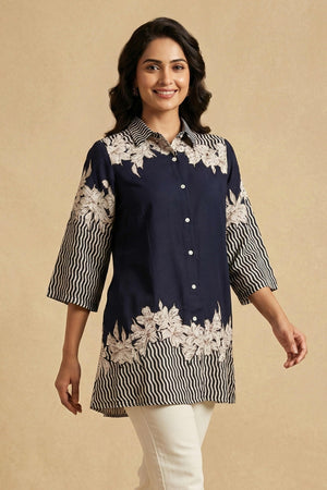 Classic Navy Blue Floral Printed Rayon Top Designed in a Comfortable Straight Fit