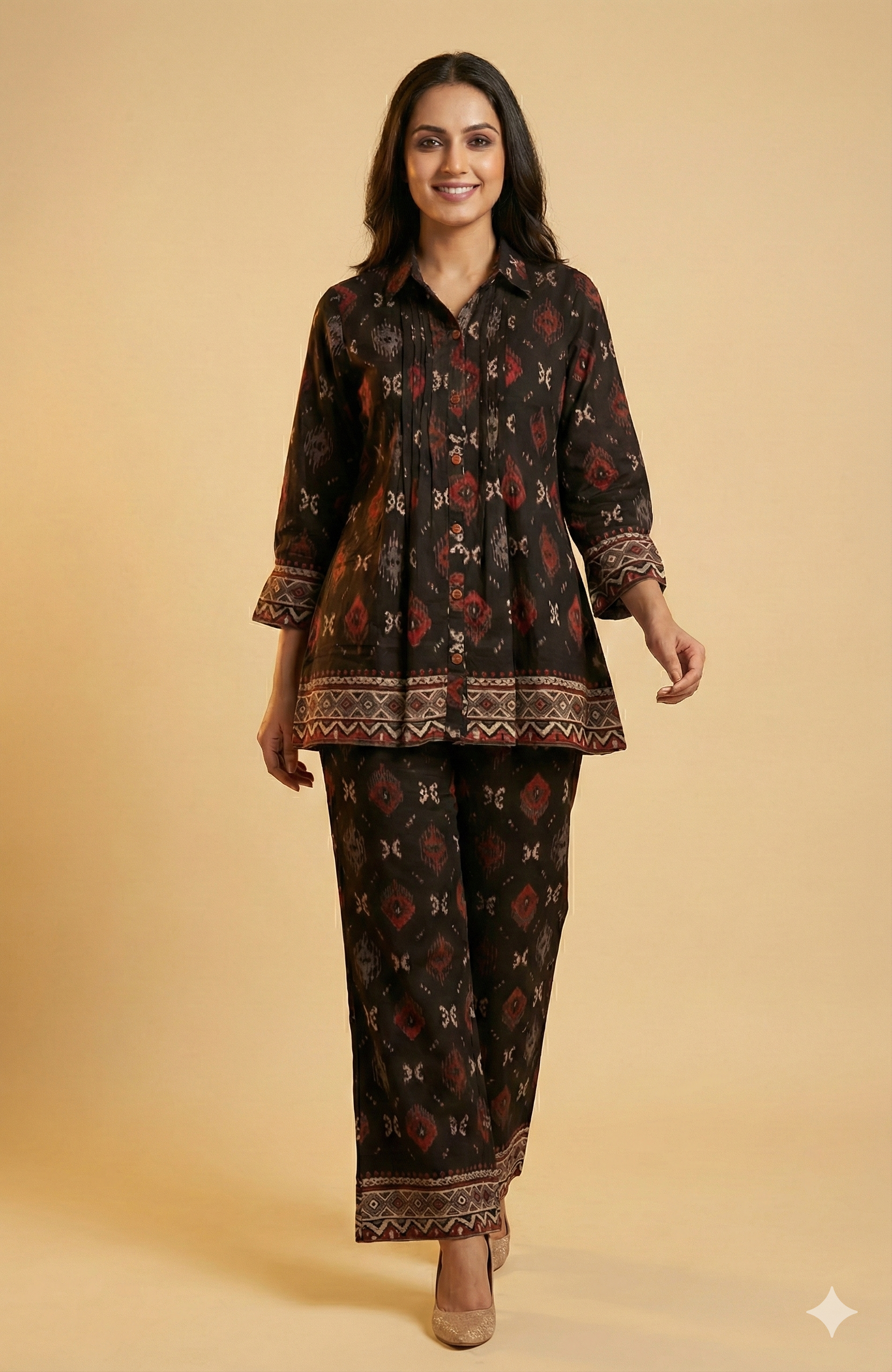 Black Ikkat Printed Viscose A-Line Top Bottom Set with Ethnic Contemporary Appeal