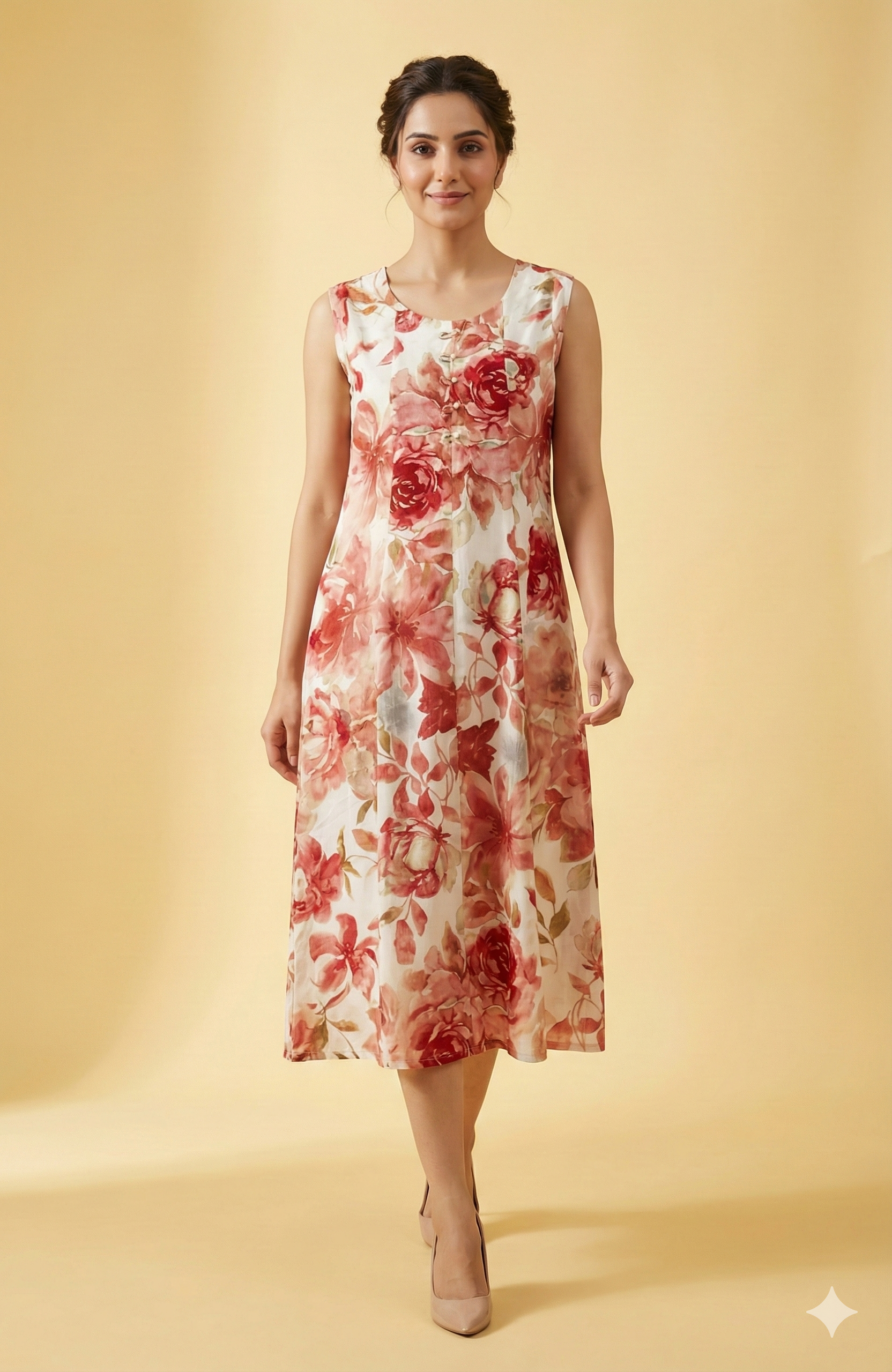 Elegant Off White Floral Foil Printed Polyester Midi Dress for Daywear
