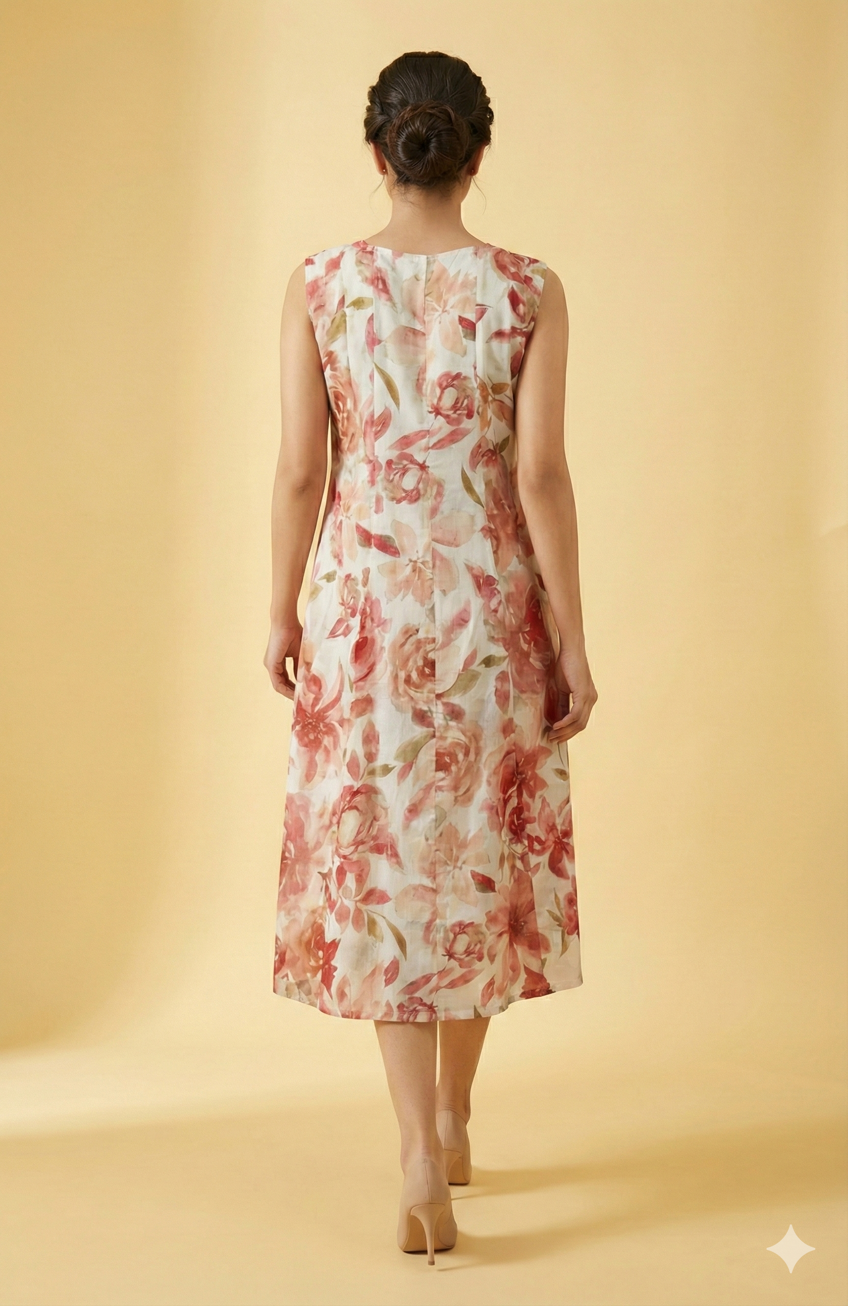 Elegant Off White Floral Foil Printed Polyester Midi Dress for Daywear