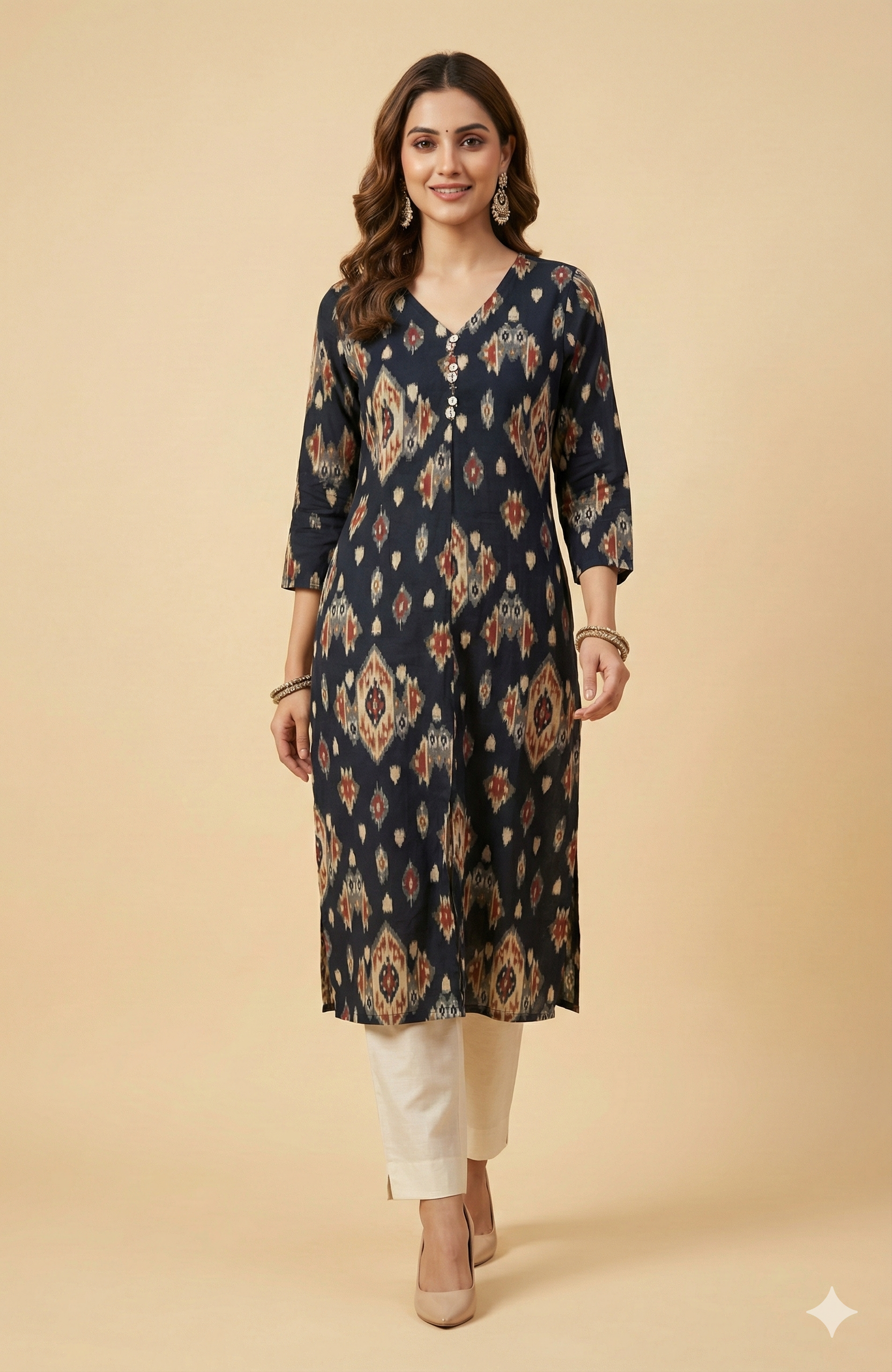 Blue Straight Cut Rayon Kurti with Traditional Ikkat Design and Foil Finish