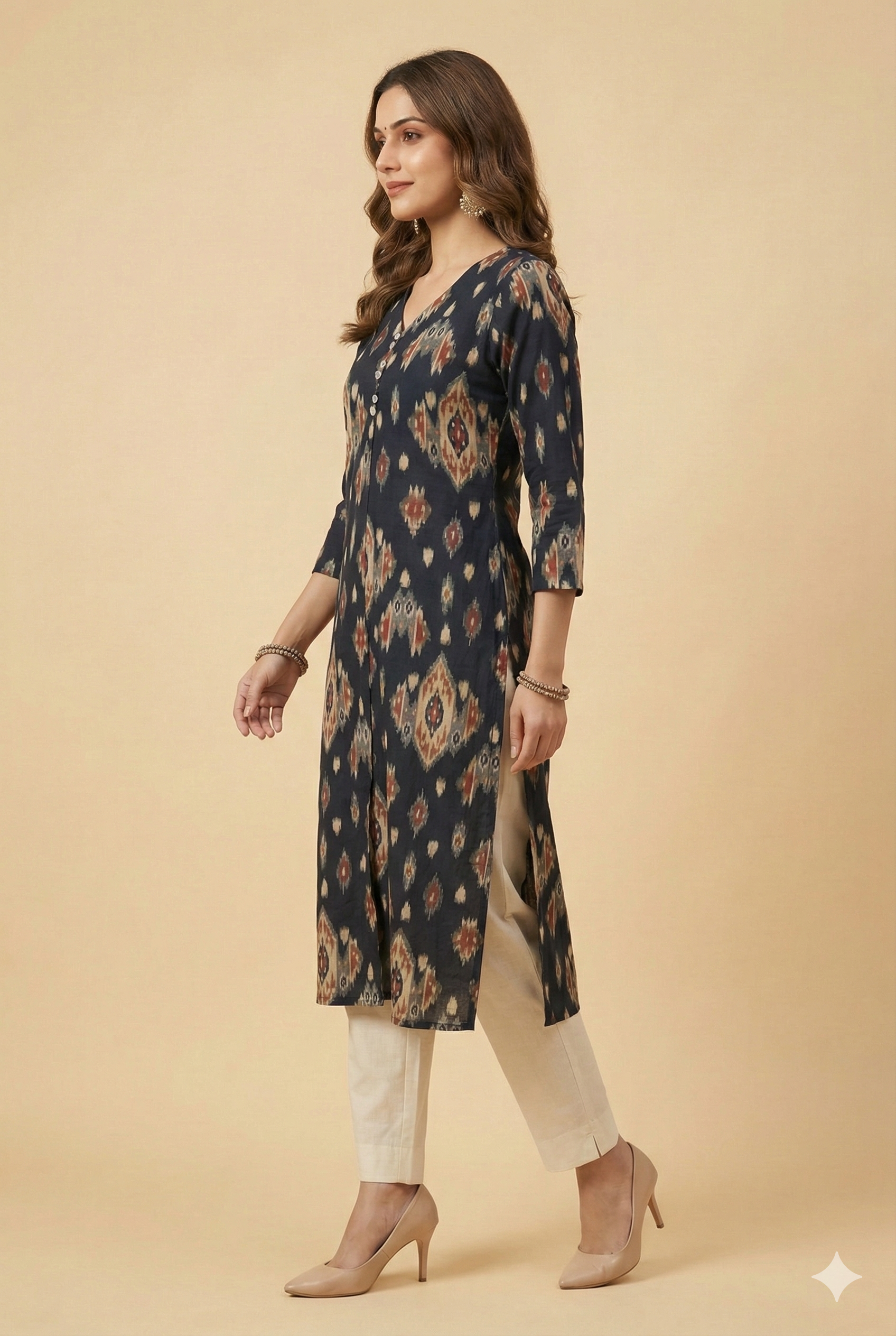 Blue Straight Cut Rayon Kurti with Traditional Ikkat Design and Foil Finish