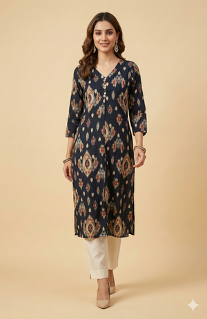 Blue Straight Cut Rayon Kurti with Traditional Ikkat Design and Foil Finish