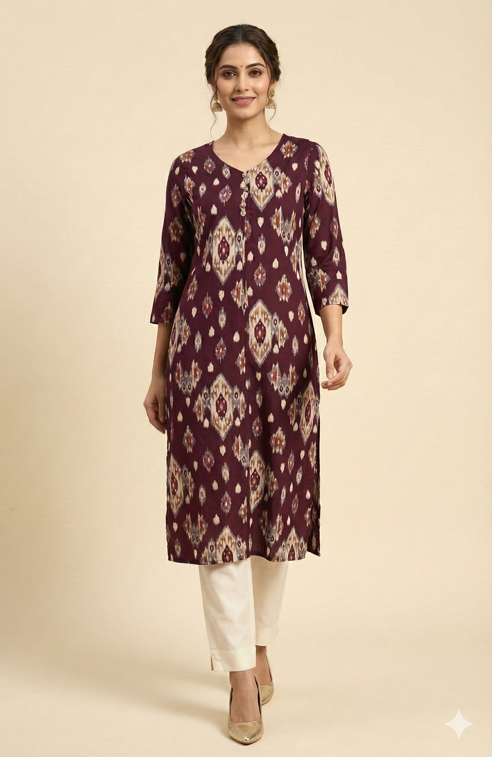 Wine Straight Cut Rayon Kurti with Traditional Ikkat Design and Foil Finish