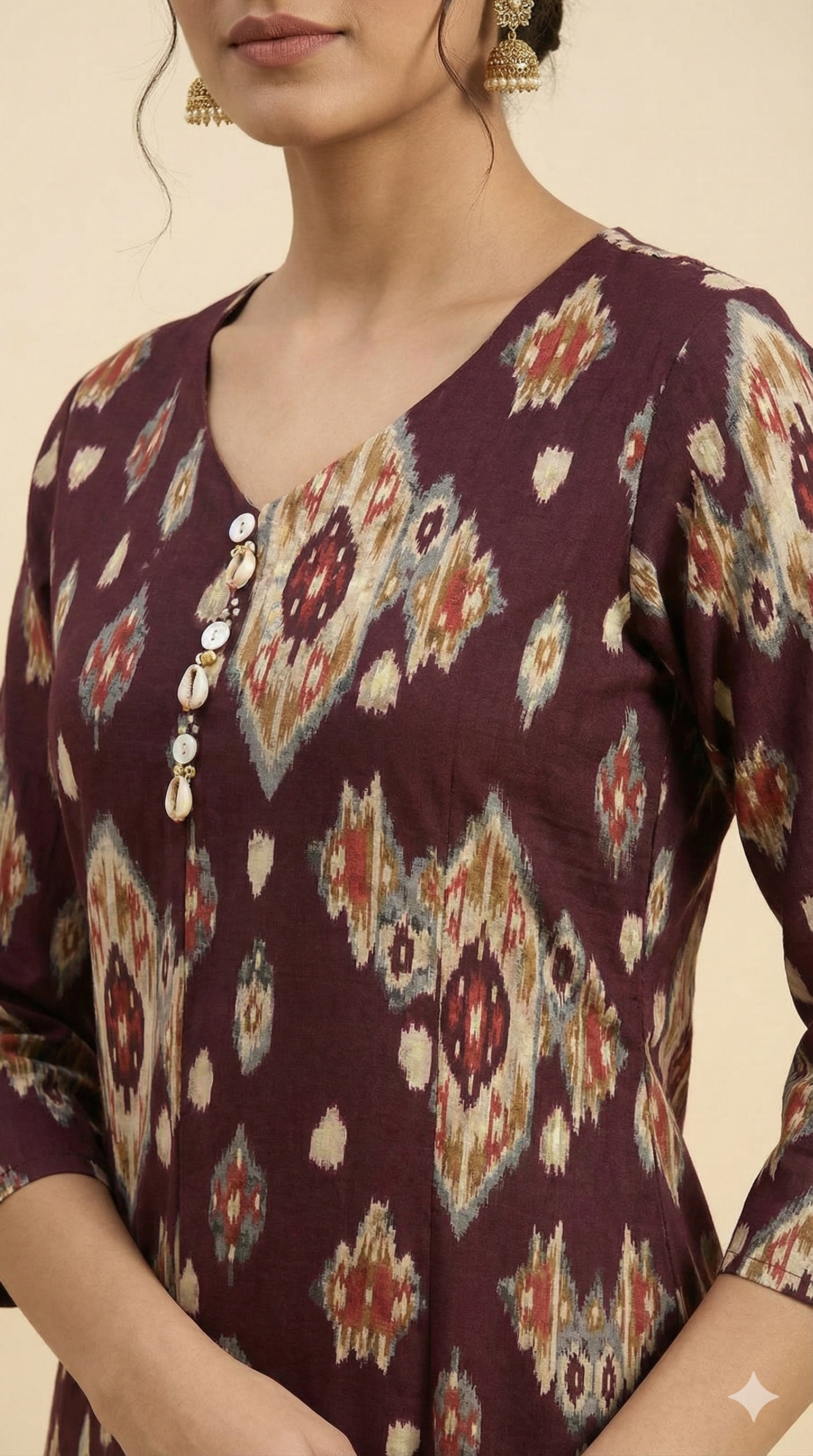 Wine Straight Cut Rayon Kurti with Traditional Ikkat Design and Foil Finish