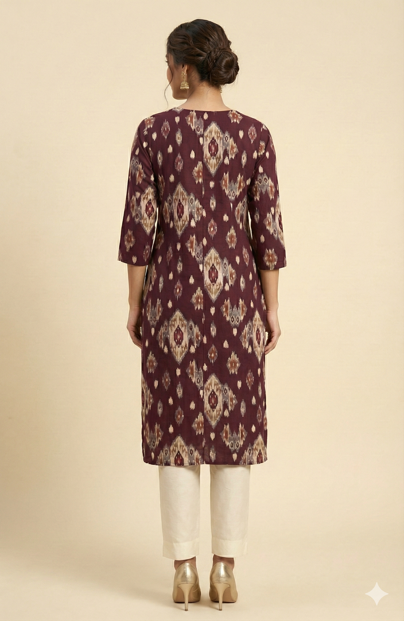 Wine Straight Cut Rayon Kurti with Traditional Ikkat Design and Foil Finish