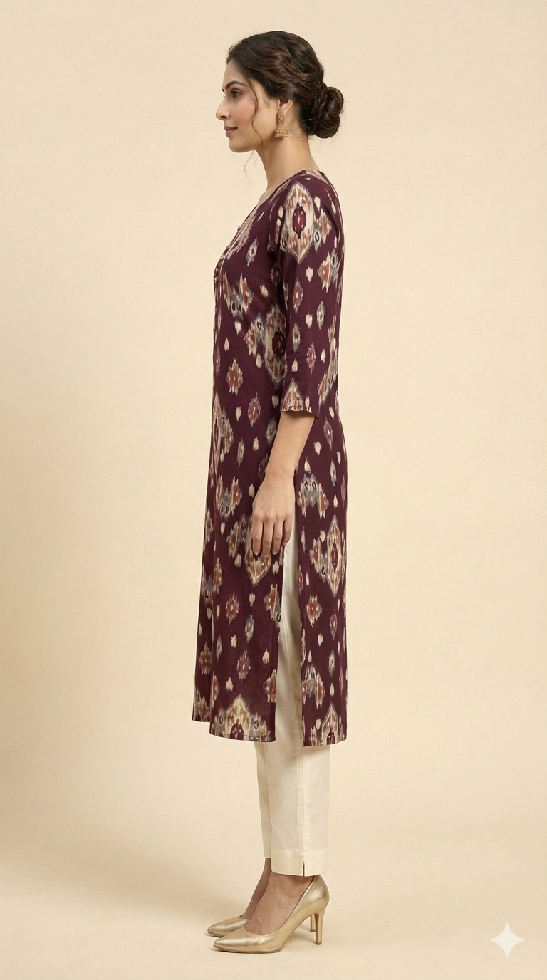 Wine Straight Cut Rayon Kurti with Traditional Ikkat Design and Foil Finish