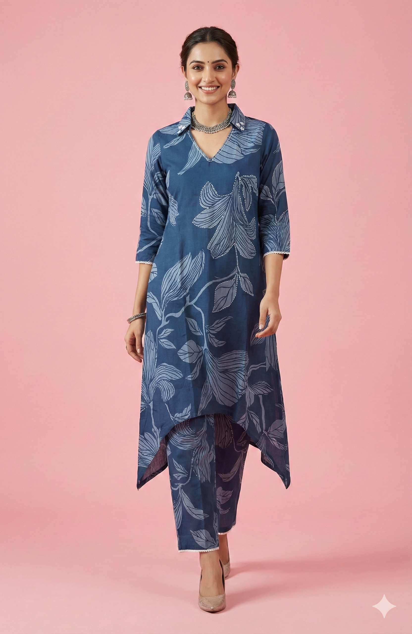 Navy Blue Floral Printed Pure Cotton A-Line Kurti Style Top and Bottom Set