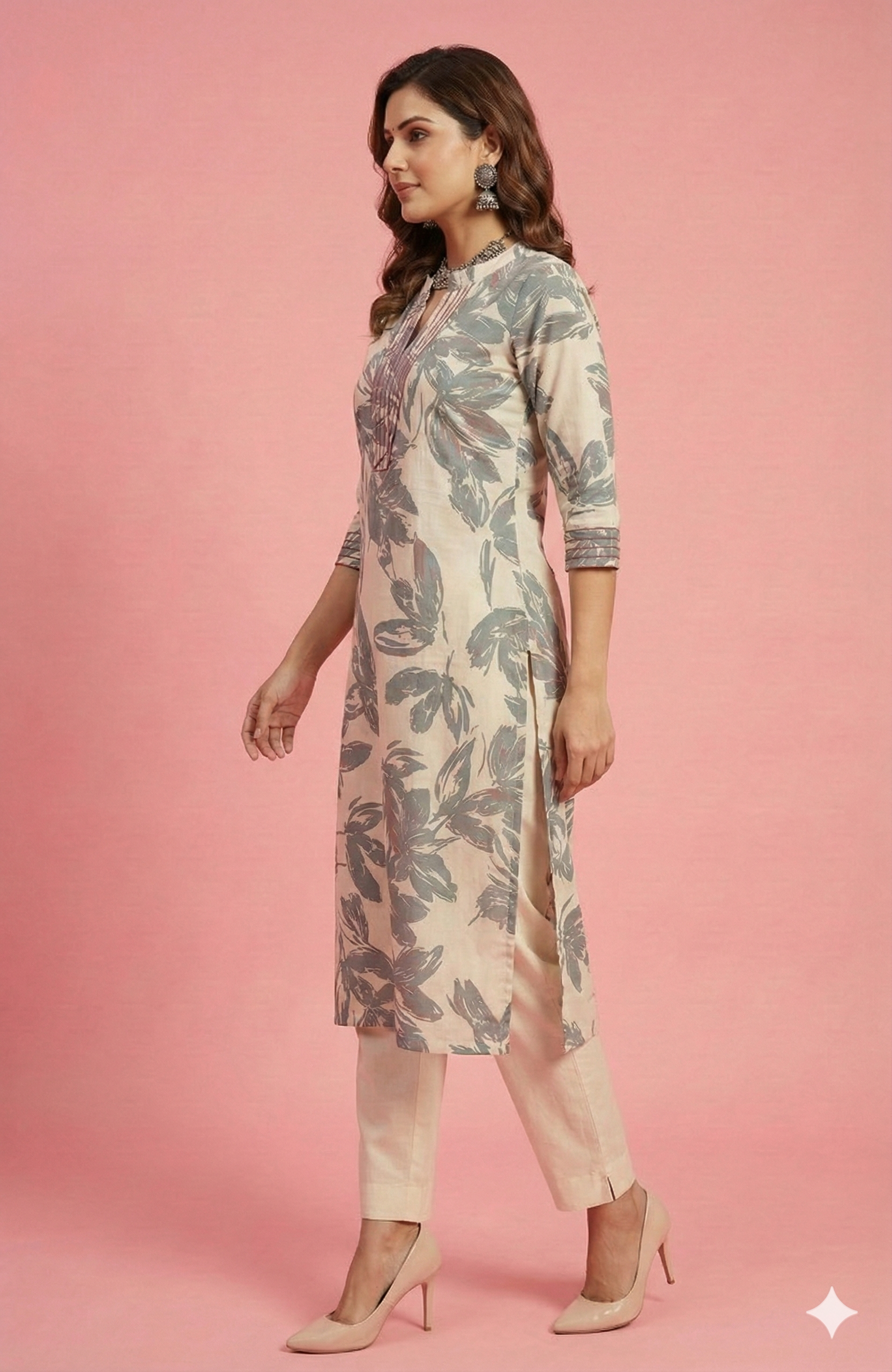 Blue Grey Contemporary Floral Printed Viscose Kurti with Subtle Foil Work
