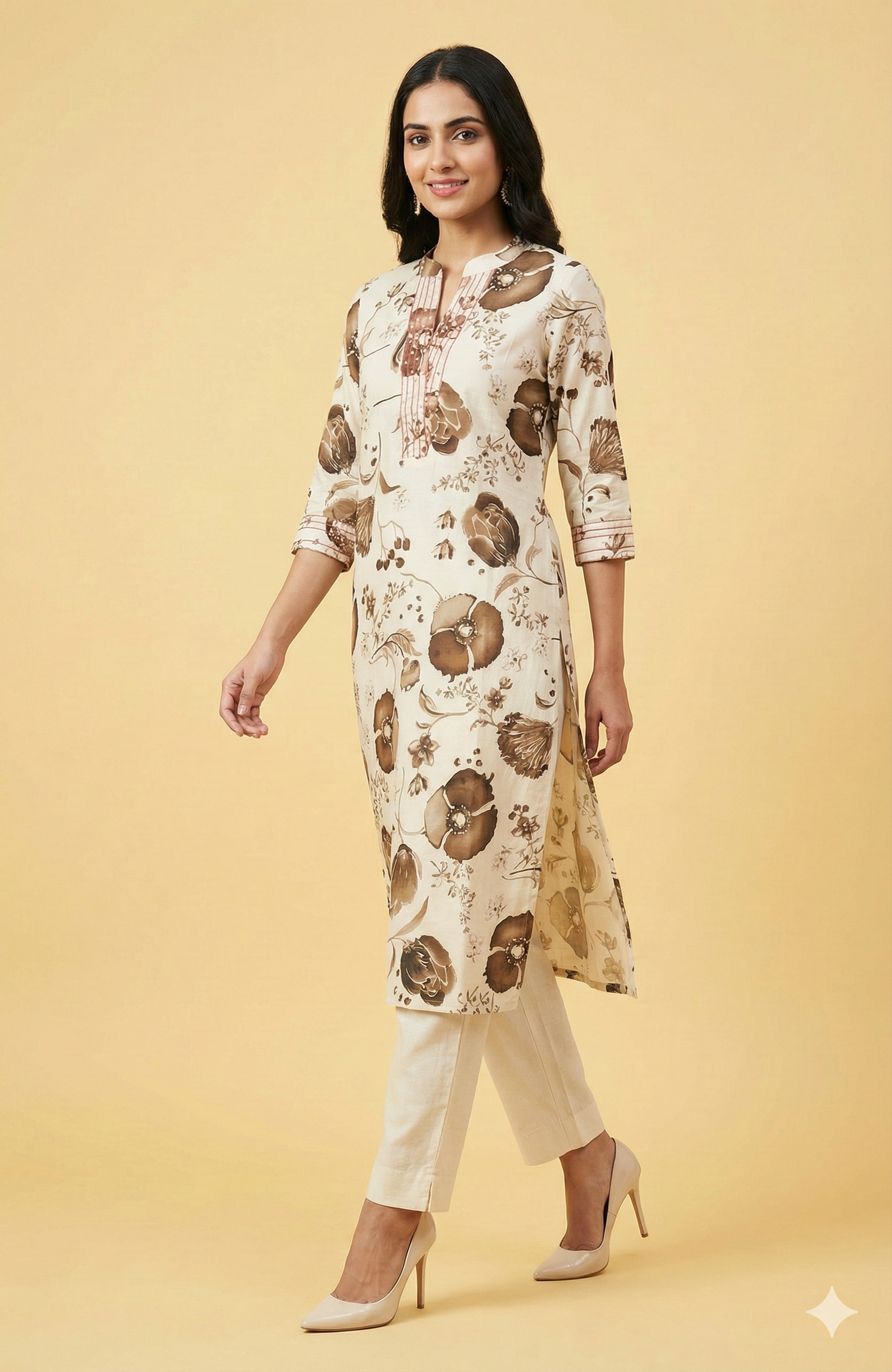 Brown Contemporary Floral Printed Viscose Kurti with Subtle Foil Work