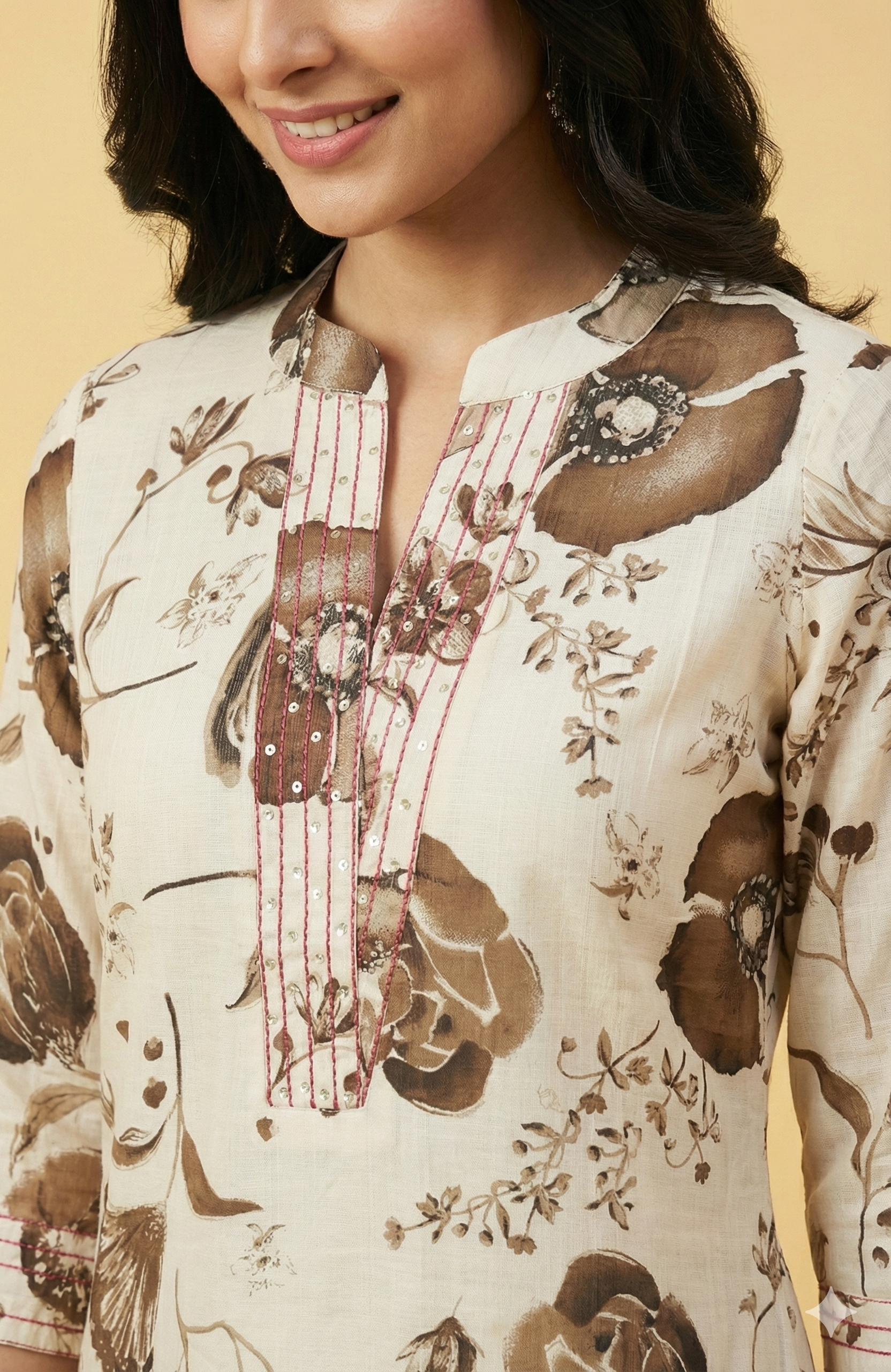 Brown Contemporary Floral Printed Viscose Kurti with Subtle Foil Work