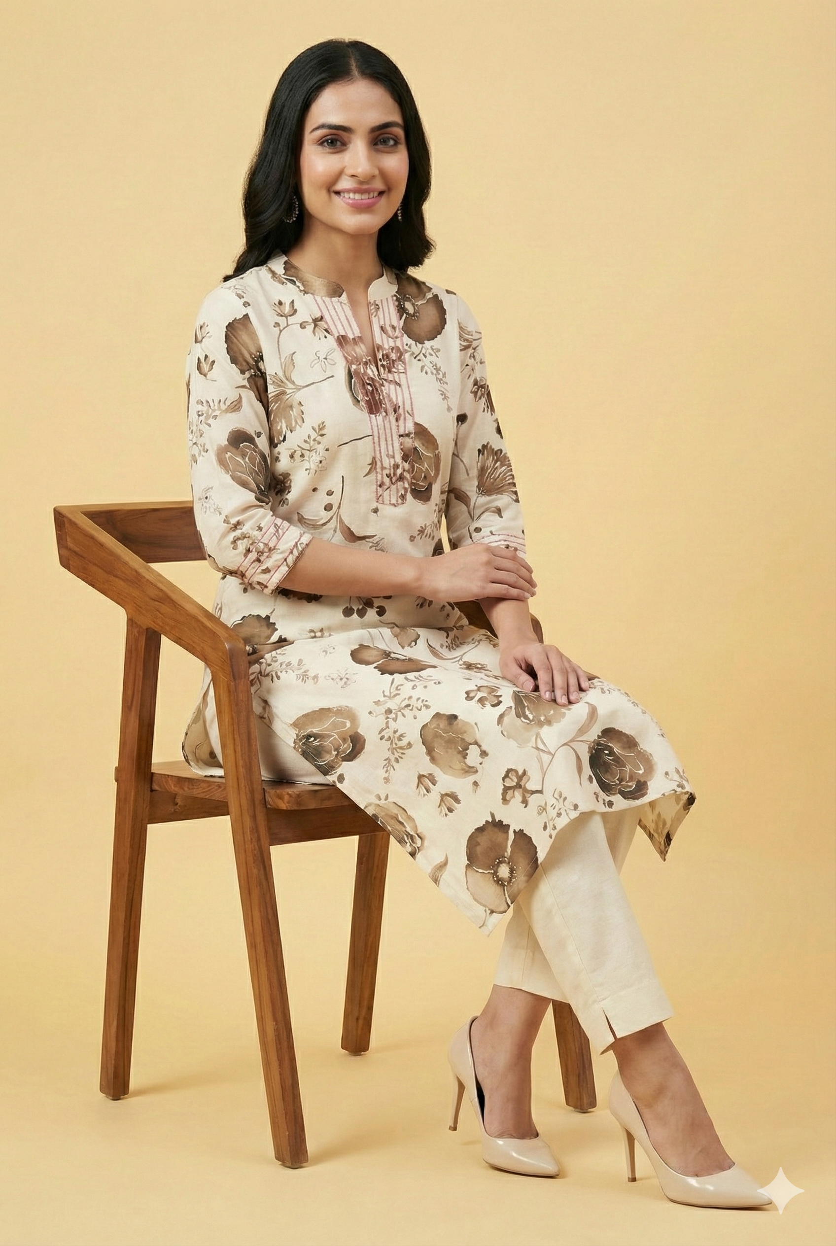 Brown Contemporary Floral Printed Viscose Kurti with Subtle Foil Work